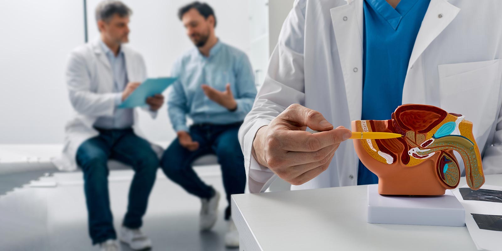 Consultation with urologist showing anatomical model of male reproductive system