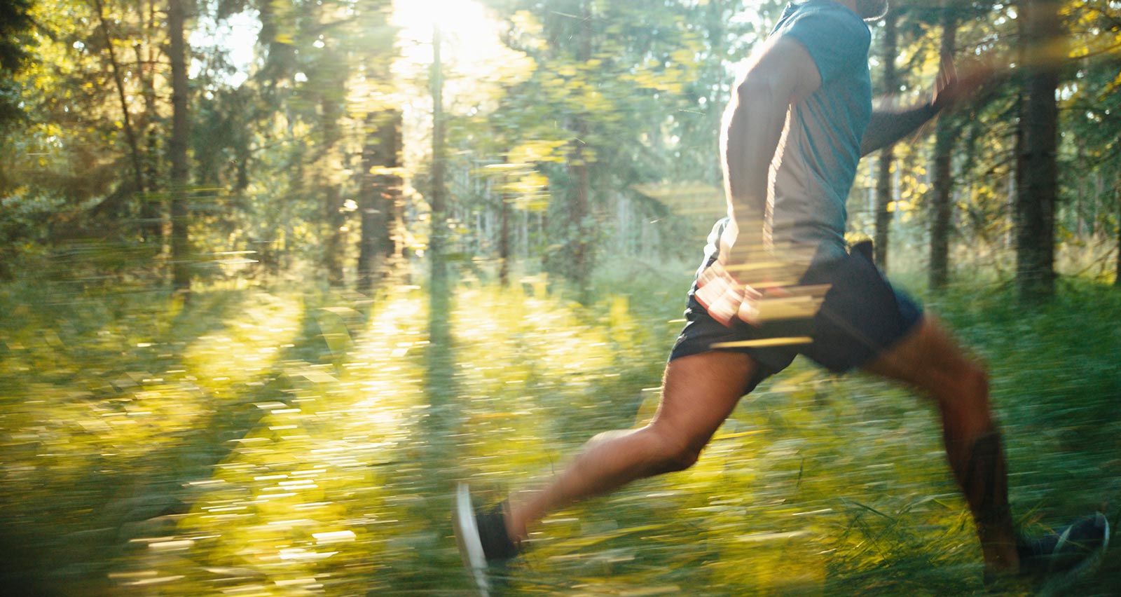 A man runs through a sunny forest