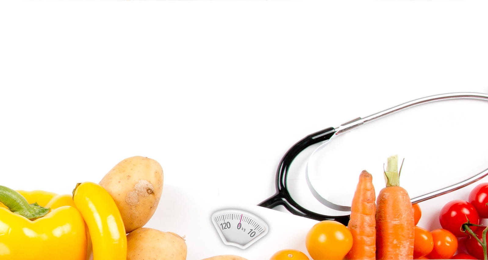 A colorful vegetable mix with measuring tape, stethoscope and scale meter