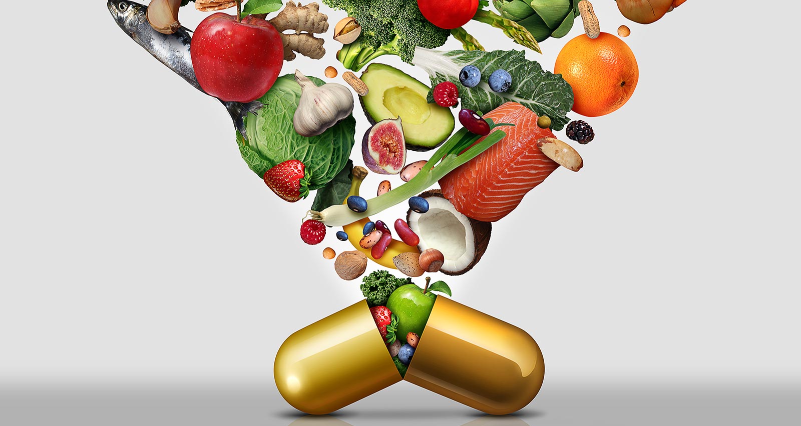Illustration of a capsule with fruit, vegetables, nuts and beans inside