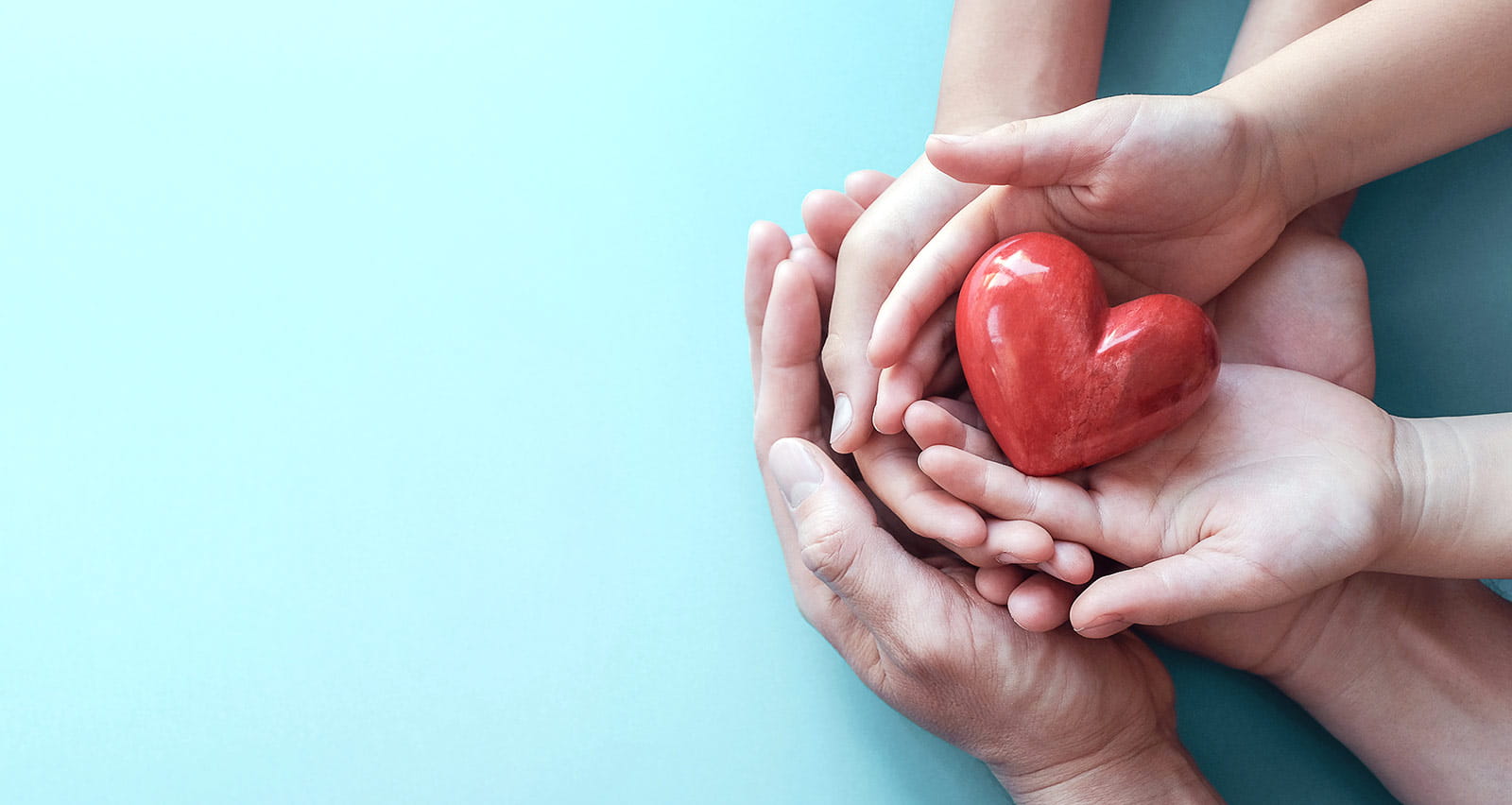 Adult and child hands holding a red heart