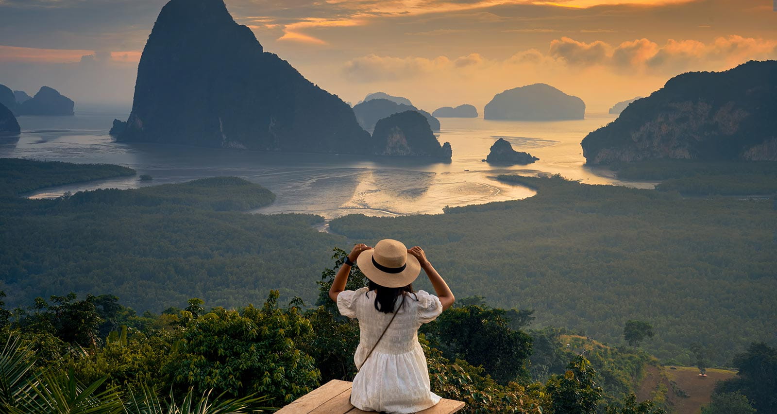 Landscape of limestone karsts in Phang nga bay, Thailand at sunrise