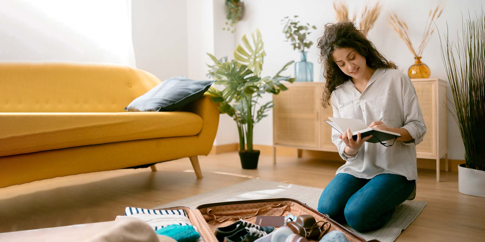 A young woman making a checklist while packing a suitcase preparing to travel