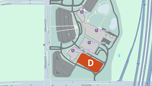 Map showing parking lot D at UH Ahuja Medical Center