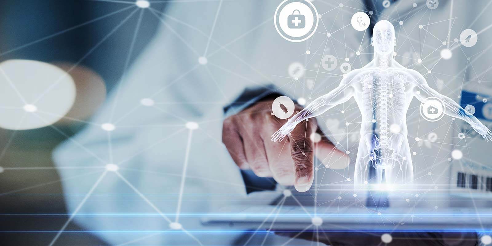 Tablet, hands or doctor with human body hologram